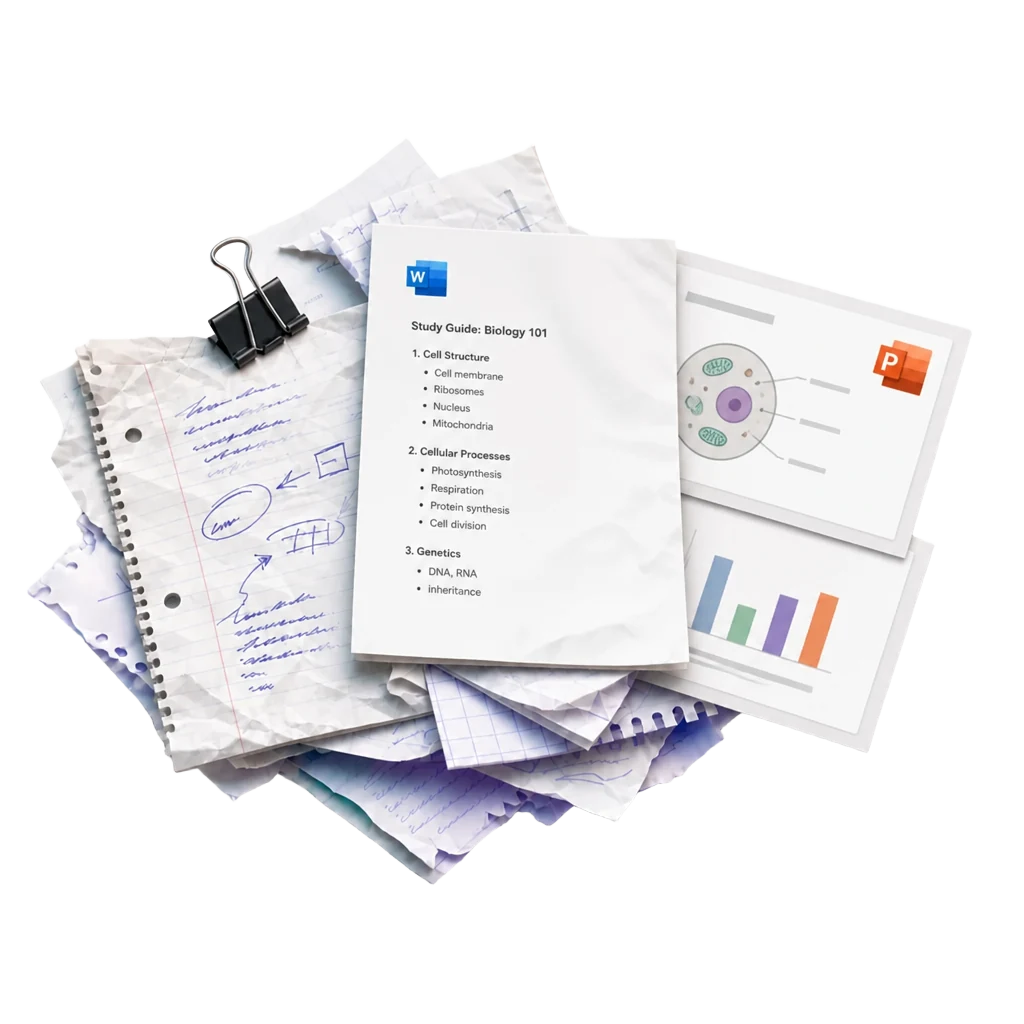 Handwritten notes, a Word document, and presentation slides stacked together