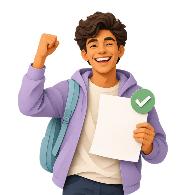 A smiling student celebrating with a raised fist and a green checkmark